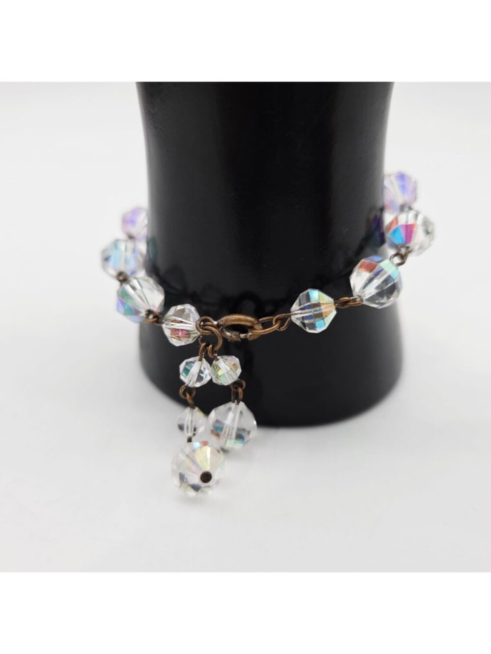 Crystal Iridescent Bead Bracelet & Clip-On Earrings Aurora Borealis MCM 1950s - Picture 9 of 9